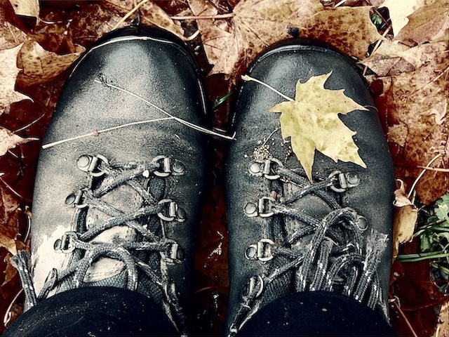 Ilustrační foto: turisticke boty pokryte listy, Kamila Sefcova